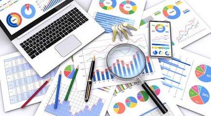 ビジネス資料とノートパソコン、スマートフォン、筆記用具、虫メガネ、カギ