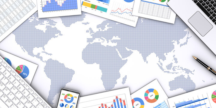 世界地図とビジネスシーン、グローバル展開するビジネスのイメージ