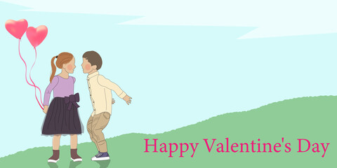 A girl with a heart balloon and a boy rejoicing. Lettering Happy Valentine's Day banner. vector illustration, copy space, graphic, web banner, header, sign, template, greeting card