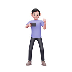 3d character illustration Casual man holding and looking at the phone screen while shouting happy celebrating victory