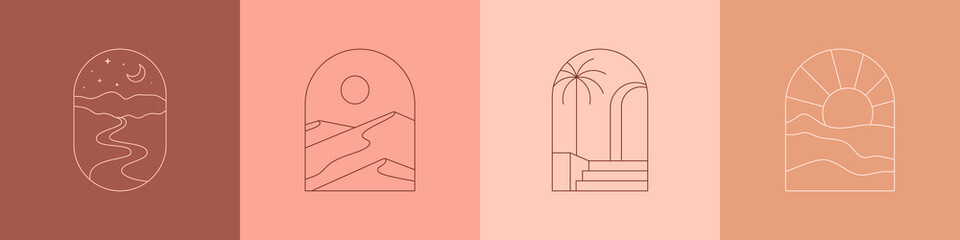 Boho Landscape Logos Set in Trendy Minimal Liner Style. Vector Bohemian Labels with Desert, Mountain, Sun and Moon