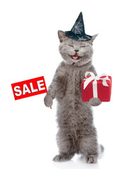 Happy cat wearing hat for halloween stands on hind legs holds gift box and shows sales symbol . isolated on white background