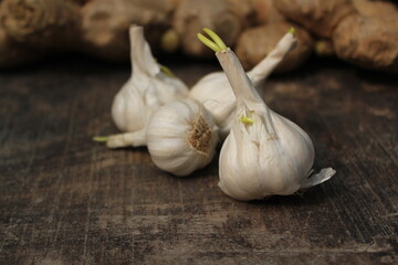 Fresh garlic and ginger on a table
