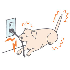 電気コードを噛んで感電する犬 - obrazy, fototapety, plakaty
