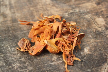 Myristica fragrans, Dried nutmeg spice on a table
