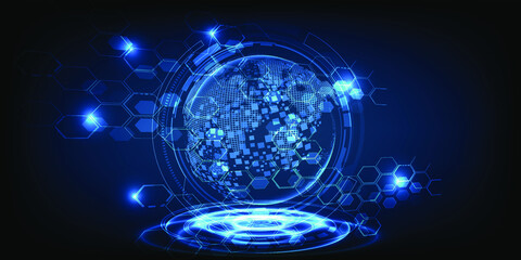 Obraz premium Vector illustrations of abstract blue futuristic hi-tech digital neon stage with floating hologram world.Digital business strategy concepts.
