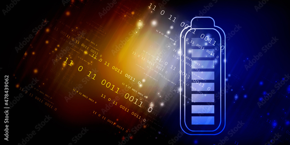 Poster 2d rendering electrical energy and power supply source concept, accumulator battery with charging le