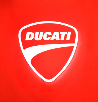 Bangkok Thailand- January 28,2021 : The logo sign of the brand "Ducati" in showroom dealership