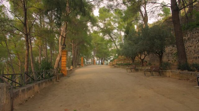 View of the promenade near castle of Segorbe located on the slopes of Sope&ntilde;a in the town of Segorbe, in the Valencian Community of Spain. 4K video.