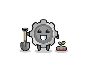 cute gear cartoon is planting a tree seed