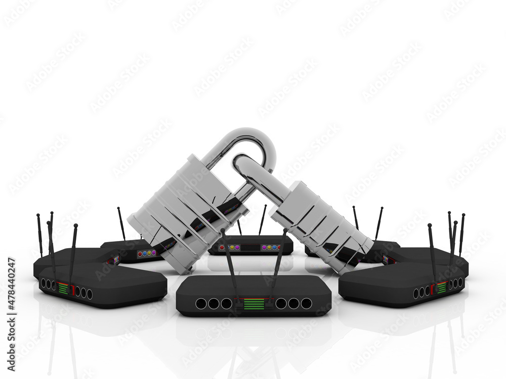 Poster 3d rendering transmitter wifi with lock