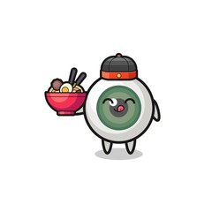 eyeball as Chinese chef mascot holding a noodle bowl