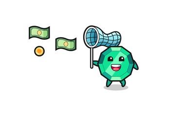illustration of the emerald gemstone catching flying money