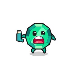 emerald gemstone mascot having asthma while holding the inhaler
