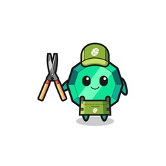 cute emerald gemstone as gardener mascot
