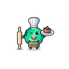 emerald gemstone as pastry chef mascot hold rolling pin