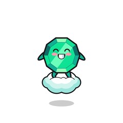 cute emerald gemstone illustration riding a floating cloud