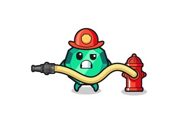 emerald gemstone cartoon as firefighter mascot with water hose