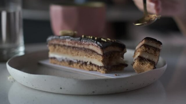 Close up of a sweet chocolate cake slice, eating patisserie and coffee in a fabulous hipster cafe