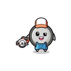 Obraz premium the woodworker button cell mascot holding a circular saw
