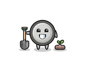 cute button cell cartoon is planting a tree seed