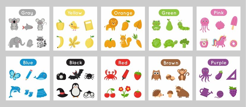 Collection of flashcards for learning colors for children.