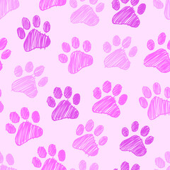 Paws scribble doodle seamless pattern. Digital Illustration Background.