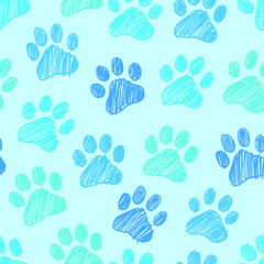 Paws scribble doodle seamless pattern. Digital Illustration Background.