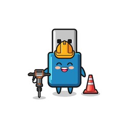 road worker mascot of flash drive usb holding drill machine