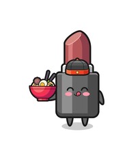 lipstick as Chinese chef mascot holding a noodle bowl