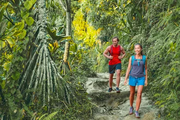 Fototapeten Hawaii hiking hikers on Kalalau trail hike walking in rainforest with tropical trees. Tourists couple with backpacks walking outdoor in Kauai island. Summer travel adventure active lifestyle. © Maridav