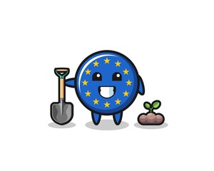 cute euro flag cartoon is planting a tree seed