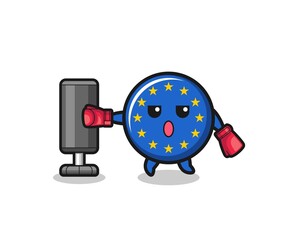 euro flag boxer cartoon doing training with punching bag
