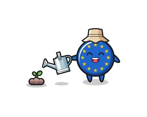 cute euro flag is watering plant seeds