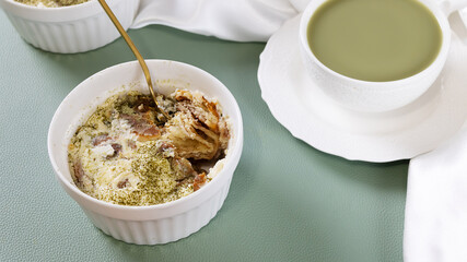Cinnamon buns. Ricotta cream, cinnamon and matcha tea