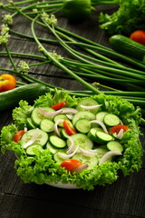Homemade delicious vegan diet foods- fresh harvested organic cucumber salad.