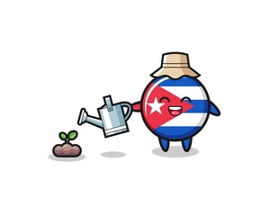 cute cuba flag is watering plant seeds