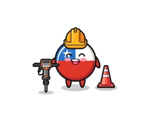 road worker mascot of chile flag holding drill machine