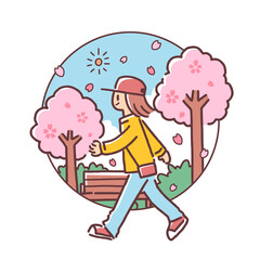桜並木を歩く女性のイラスト