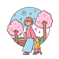 桜並木を歩く親子のイラスト