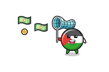 illustration of the palestine flag catching flying money
