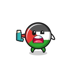 palestine flag mascot having asthma while holding the inhaler