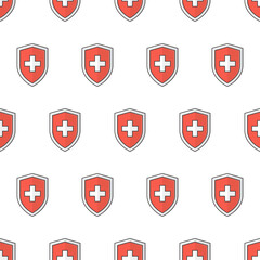 Medical Shield Protection Seamless Pattern On A White Background. Immune System Theme Vector Illustration