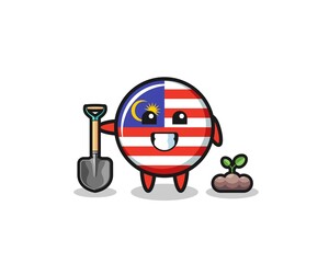 cute malaysia flag cartoon is planting a tree seed