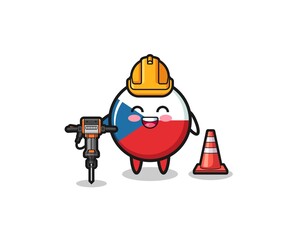 road worker mascot of czech flag holding drill machine