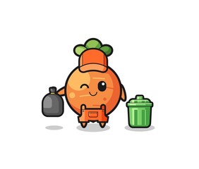 the mascot of cute carrot as garbage collector