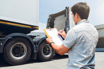 Asian Truck Driver is Checking the Truck's Safety Maintenance Checklist. Lorry Driver. Inspection...