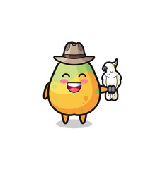 papaya zookeeper mascot with a parrot