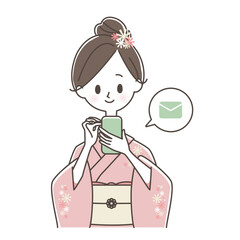 スマートフォンでメールを送る着物姿の女性