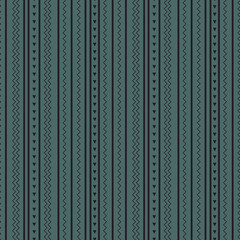 Vertical stripes with hearts and zigzags. Geometric seamless pattern on a green background.